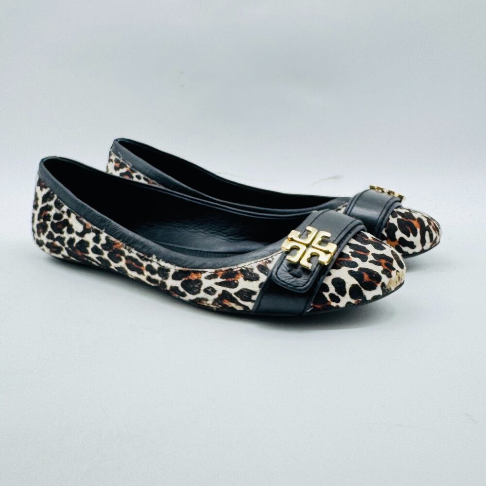 Tory Burch Shoes Womens 9.5 Black White Calf Hair Logo Ballet Flats Eloise Shoes